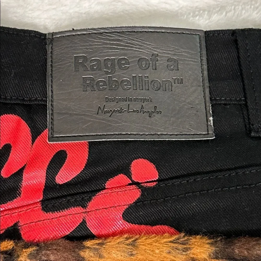 Rage of a Rebellion men's jeans with leopard print faux fur panels.